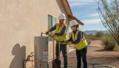 Mesa, AZ plumbing repair technician servicing a residential pipe leak on-site