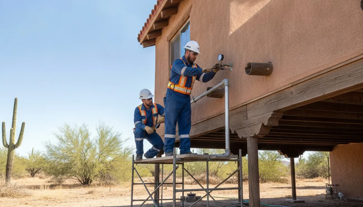 Mesa, AZ plumbing repair technician inspecting pipes for leak detection and service repair