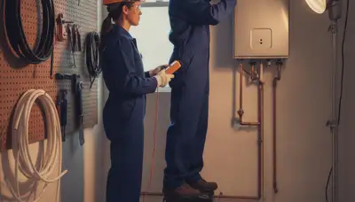 Tankless water heater service technician in Mesa, AZ inspecting a plumbing system
